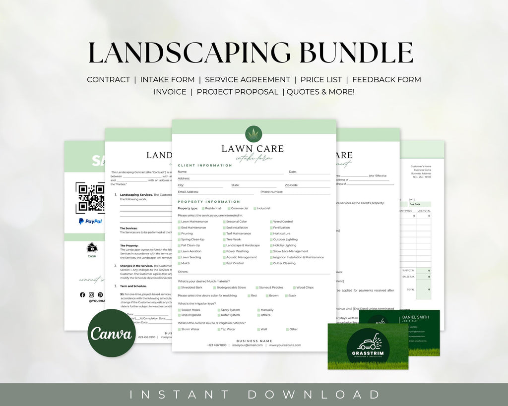 Landscaping & Lawn Care Forms Bundle, Lawn Care Services Forms, Garden Care Forms, Landscaper Forms, Forms Bundle, Price Sheet, Canva